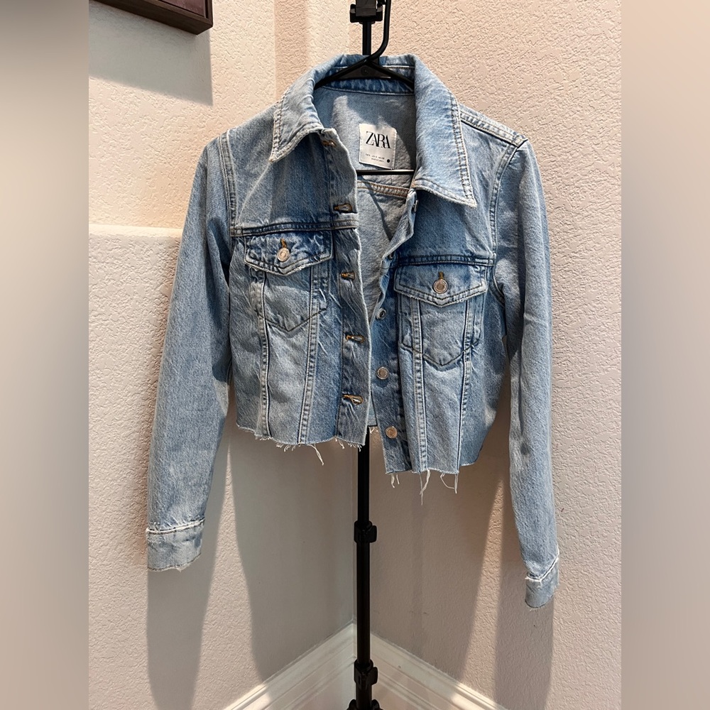 Zara Women's Distressed Light Blue Jean Jacket